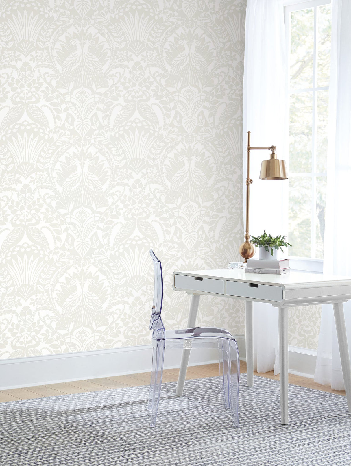 Egret Damask White & Cream Wallpaper with Bird Medallion Motif - York BW3932