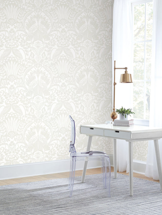 Egret Damask White & Cream Wallpaper with Bird Medallion Motif - York BW3932