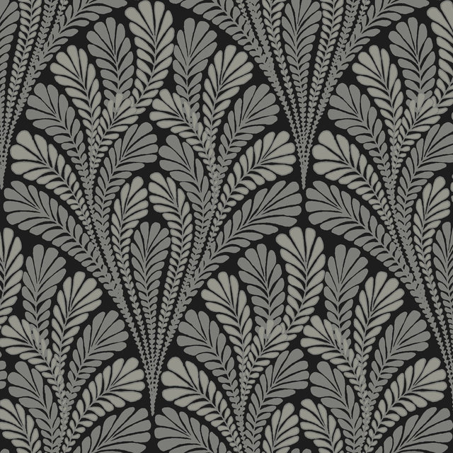 Shell Damask Black Wallpaper with Fan-Leaf Motif Prepasted Sure Strip - York BW3951