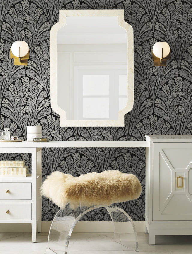 Shell Damask Black Wallpaper with Fan-Leaf Motif Prepasted Sure Strip - York BW3951