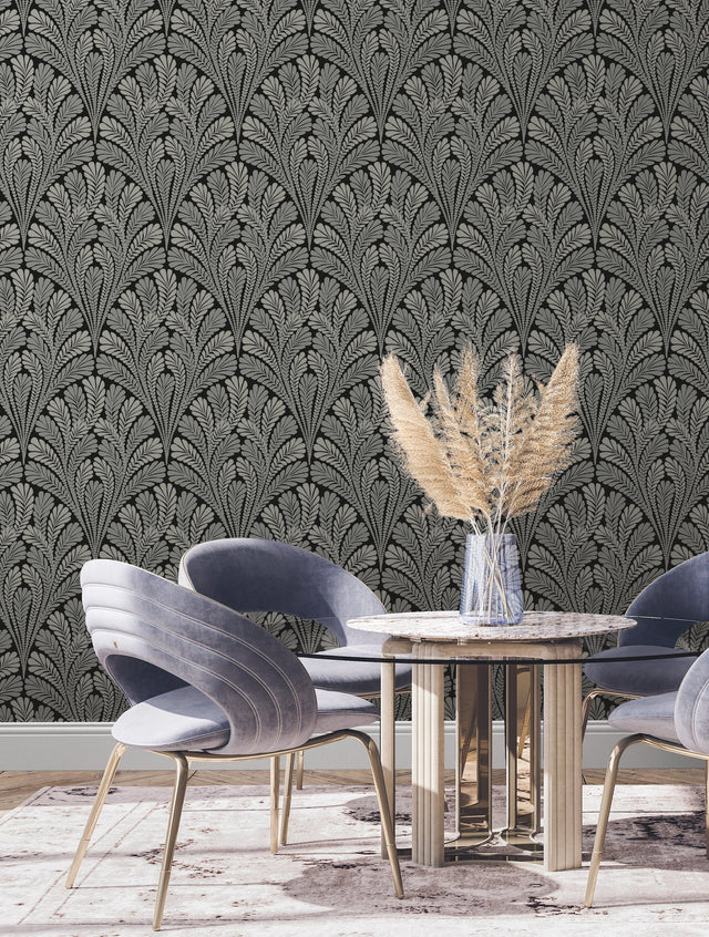 Shell Damask Black Wallpaper with Fan-Leaf Motif Prepasted Sure Strip - York BW3951