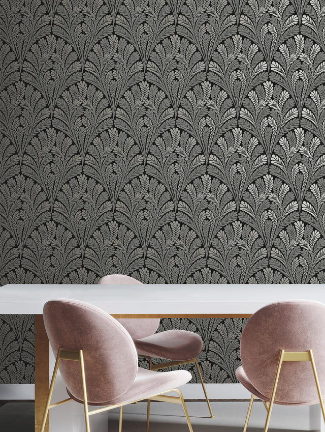 Shell Damask Black Wallpaper with Fan-Leaf Motif Prepasted Sure Strip - York BW3951