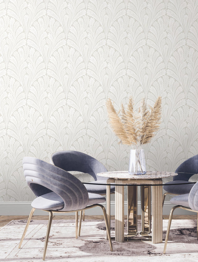 Shell Damask Neutral & Pearl Wallpaper with Metallic Pearlescent Damask - York BW3952