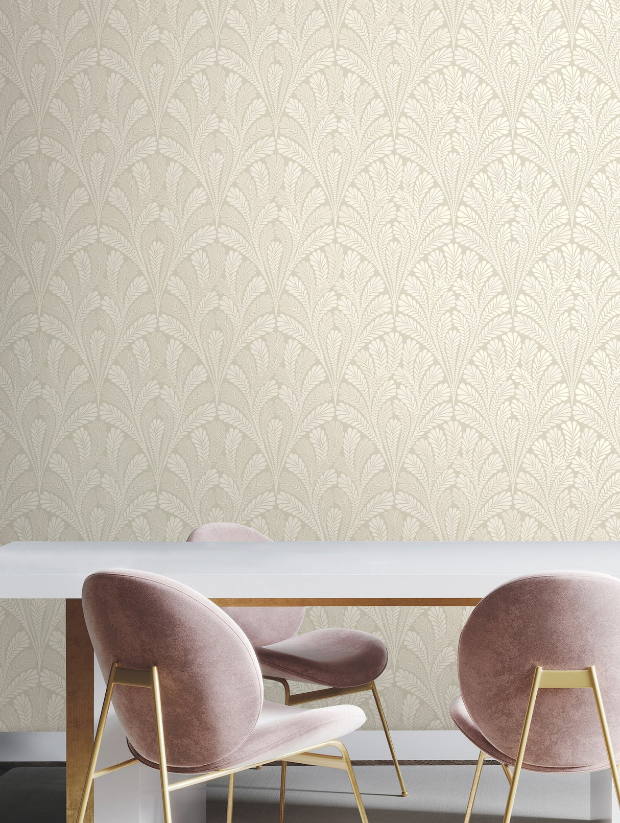 Shell Damask Neutral & Pearl Wallpaper with Metallic Pearlescent Damask - York BW3952