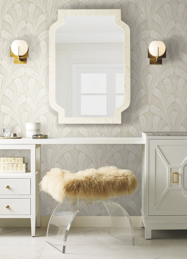 Shell Damask Neutral & Pearl Wallpaper with Metallic Pearlescent Damask - York BW3952