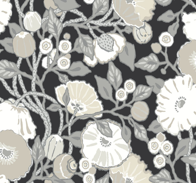 Vincent Poppies Black & Cream Wallpaper with Floral Sure Strip Pattern - York BW3981