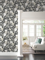 Vincent Poppies Black & Cream Wallpaper with Floral Sure Strip Pattern - York BW3981