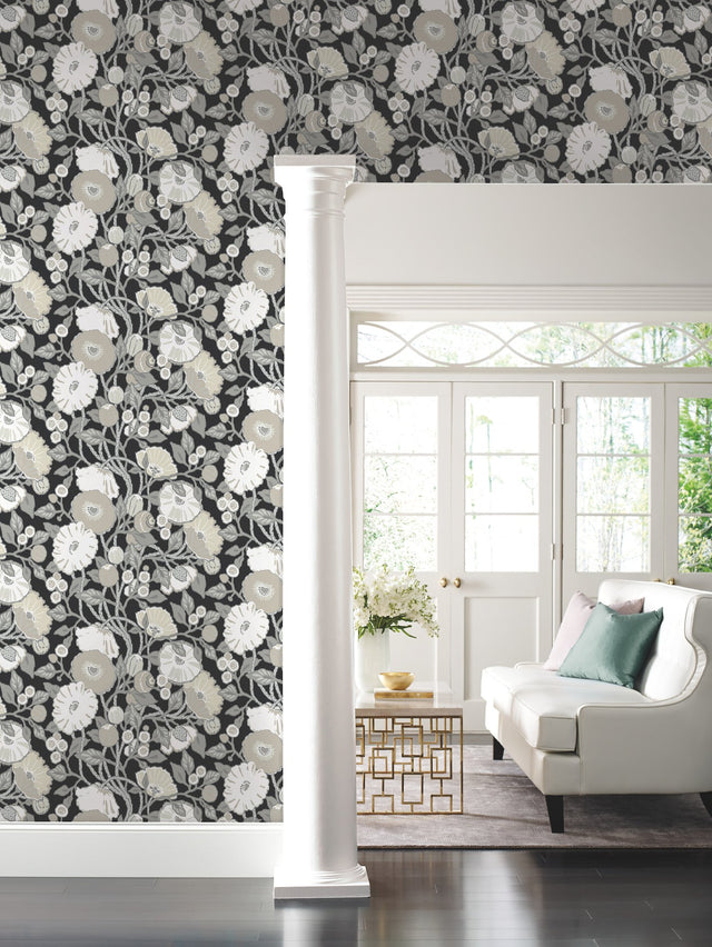 Vincent Poppies Black & Cream Wallpaper with Floral Sure Strip Pattern - York BW3981