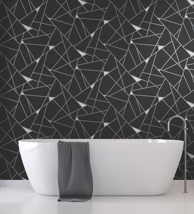 Prismatic Black & Silver Geometric Wallpaper with Metallic Prism Motif - York BW3985