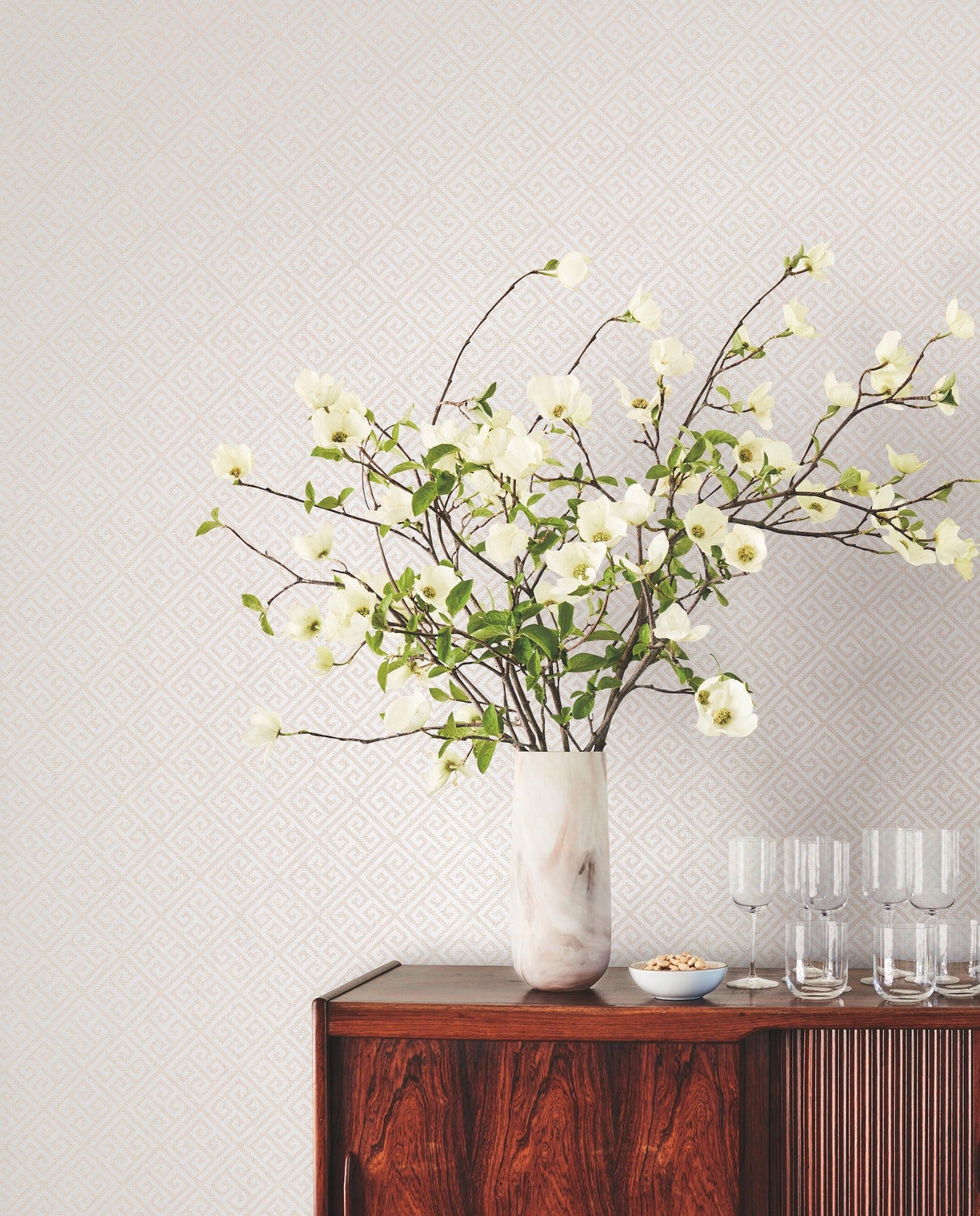 Grecian Geometric Pearl & White Wallpaper with Paper Weave Grasscloth Geometric Motif - York BW3991