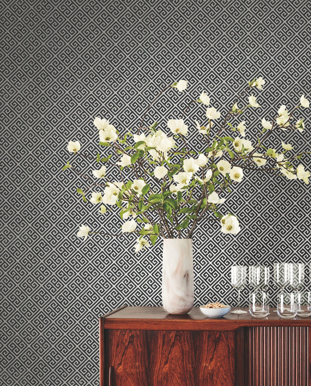 Grecian Geometric Silver & Black Wallpaper with Greek Key Paper Weave Grasscloth - York BW3993