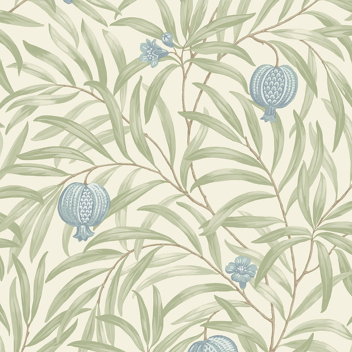 Elena Blue Pomegranate wallpaper pattern with leafy branches and blue fruit