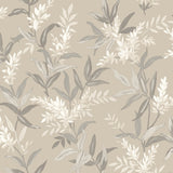 Olivia Beige Floral Wallpaper by Belgravia Decor shown in room and pattern close-up