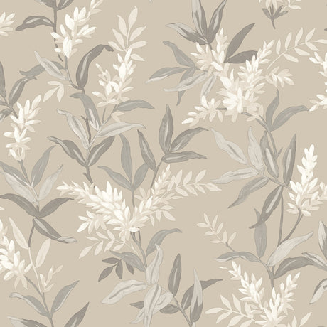 Olivia Beige Floral Wallpaper by Belgravia Decor shown in room and pattern close-up