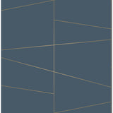 Fairmont Blue Deco Fracture geometric wallpaper with gold lines on a deep blue ground by Brewster, roll UW24789.