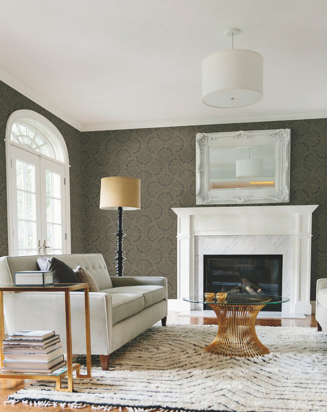 Cabaret Black Metallic Wallpaper with Art Deco Peacock Fan Motif - York CA1501