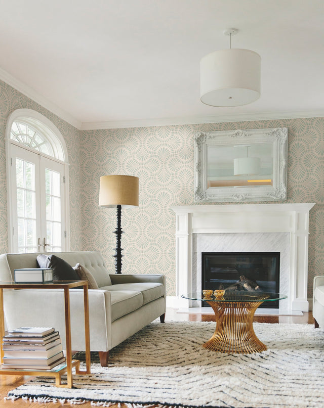 Cabaret Beige Metallic Wallpaper with Art Deco Peacock Fan Motif - York CA1502