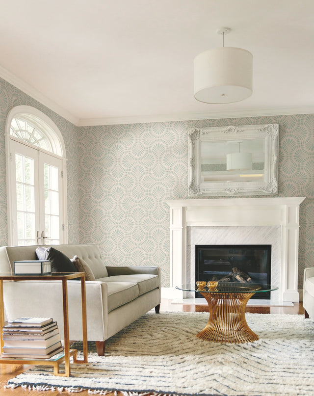 Cabaret Beige Metallic Wallpaper with Art Deco Peacock Fan Motif - York CA1502
