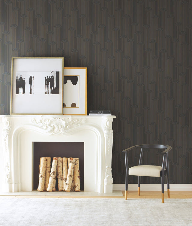 Speakeasy Black Metallic Wallpaper with Art Deco Arch Pattern - York CA1540