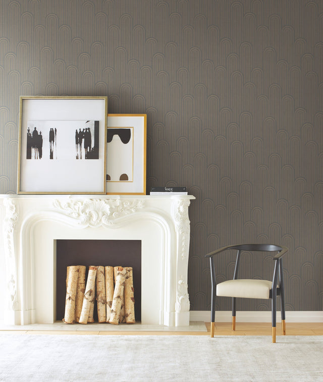 Speakeasy Black Metallic Wallpaper with Art Deco Arch Pattern - York CA1541