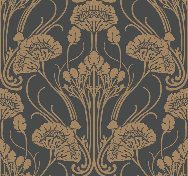 Nouveau Damask Black Wallpaper with Art Nouveau Botanical Motif - York CA1564