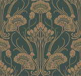 Nouveae Damask Green Wallpaper with Botanical Art Nouveau Style - York CA1566