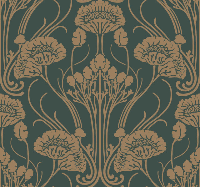 Nouveae Damask Green Wallpaper with Botanical Art Nouveau Style - York CA1566