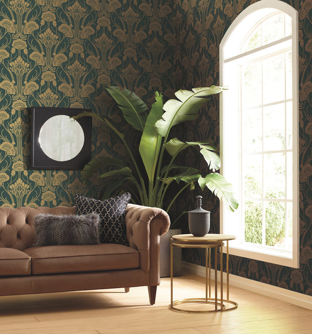 Nouveae Damask Green Wallpaper with Botanical Art Nouveau Style - York CA1566