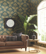 Nouveae Damask Green Wallpaper with Botanical Art Nouveau Style - York CA1566
