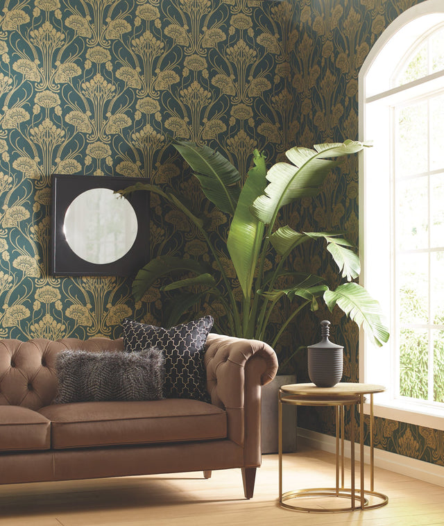 Nouveae Damask Green Wallpaper with Botanical Art Nouveau Style - York CA1566