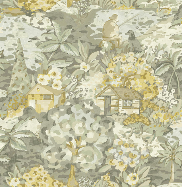 le Forestier Yellow Grey Peel & Stick Wallpaper with Whimsical Botanical Floral Motif - CBS4505