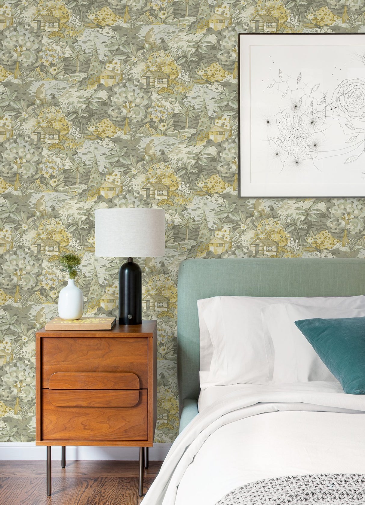 le Forestier Yellow Grey Peel & Stick Wallpaper with Whimsical Botanical Floral Motif - CBS4505