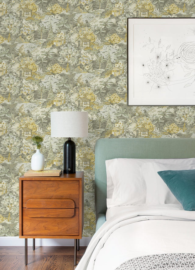 le Forestier Yellow Grey Peel & Stick Wallpaper with Whimsical Botanical Floral Motif - CBS4505
