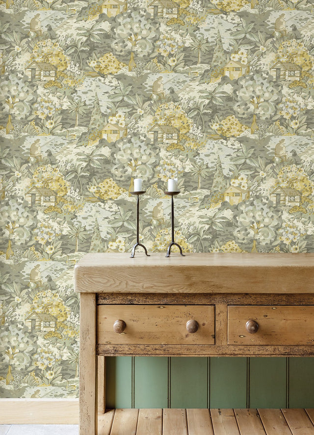 le Forestier Yellow Grey Peel & Stick Wallpaper with Whimsical Botanical Floral Motif - CBS4505