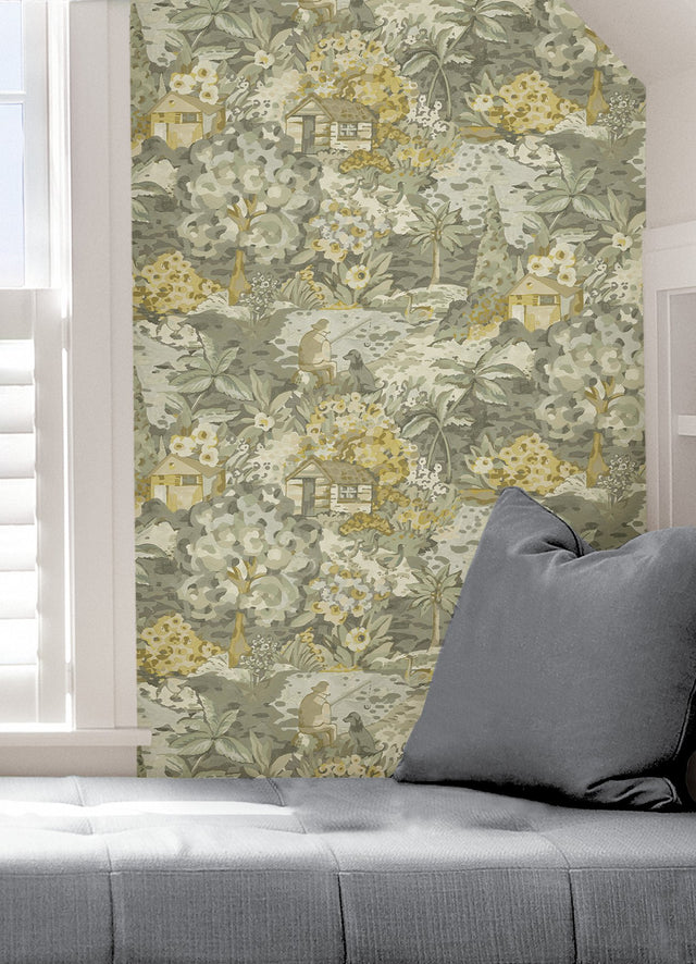 le Forestier Yellow Grey Peel & Stick Wallpaper with Whimsical Botanical Floral Motif - CBS4505