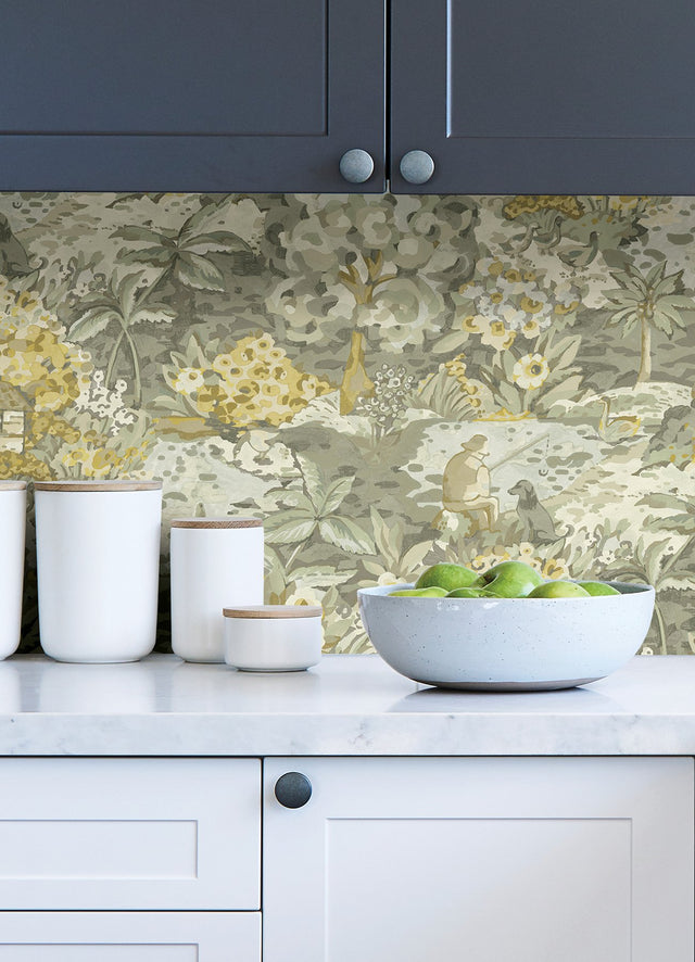 le Forestier Yellow Grey Peel & Stick Wallpaper with Whimsical Botanical Floral Motif - CBS4505