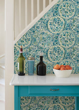 Camille Teal Peel & Stick Wallpaper with Bohemian Medallions by Caroline et Bettina - NuWallpaper CBS4507