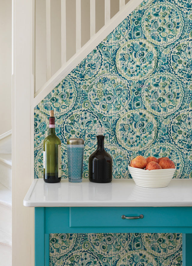 Camille Teal Peel & Stick Wallpaper with Bohemian Medallions by Caroline et Bettina - NuWallpaper CBS4507