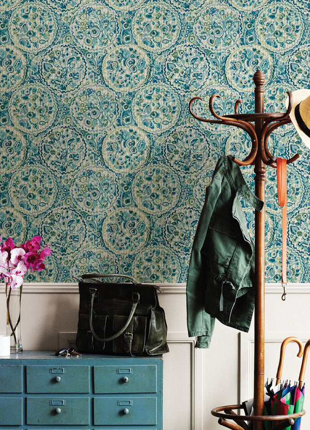 Camille Teal Peel & Stick Wallpaper with Bohemian Medallions by Caroline et Bettina - NuWallpaper CBS4507