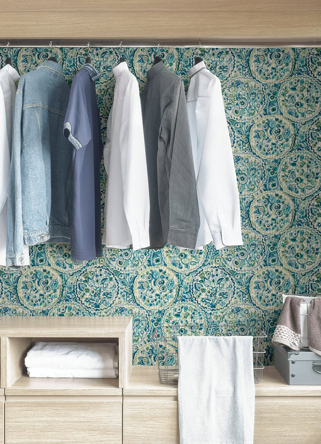 Camille Teal Peel & Stick Wallpaper with Bohemian Medallions by Caroline et Bettina - NuWallpaper CBS4507
