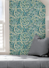 Camille Teal Peel & Stick Wallpaper with Bohemian Medallions by Caroline et Bettina - NuWallpaper CBS4507
