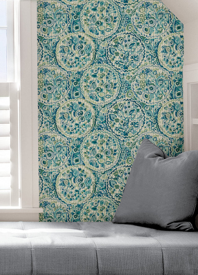 Camille Teal Peel & Stick Wallpaper with Bohemian Medallions by Caroline et Bettina - NuWallpaper CBS4507