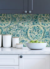 Camille Teal Peel & Stick Wallpaper with Bohemian Medallions by Caroline et Bettina - NuWallpaper CBS4507