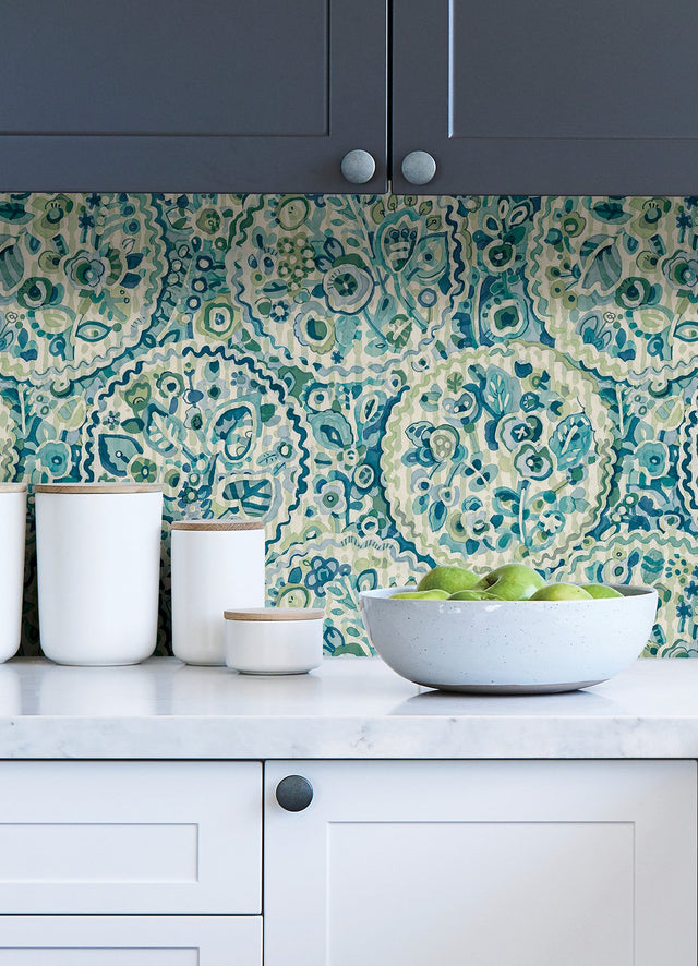 Camille Teal Peel & Stick Wallpaper with Bohemian Medallions by Caroline et Bettina - NuWallpaper CBS4507