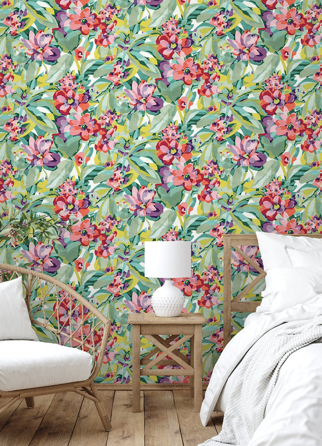 Belles Fleurs Multicolor Peel & Stick Wallpaper with Whimsical Botanical Floral Pattern - NuWallpaper CBS4509