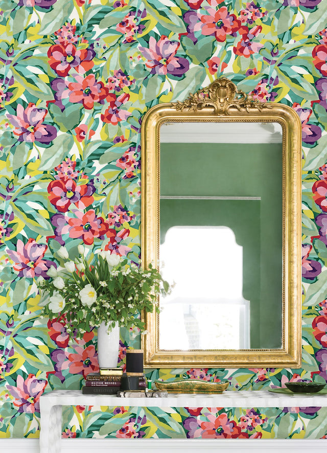 Belles Fleurs Multicolor Peel & Stick Wallpaper with Whimsical Botanical Floral Pattern - NuWallpaper CBS4509