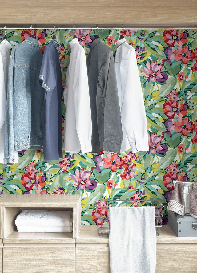 Belles Fleurs Multicolor Peel & Stick Wallpaper with Whimsical Botanical Floral Pattern - NuWallpaper CBS4509