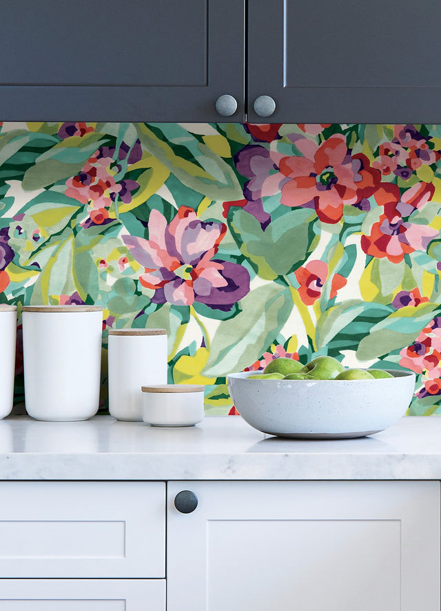 Belles Fleurs Multicolor Peel & Stick Wallpaper with Whimsical Botanical Floral Pattern - NuWallpaper CBS4509