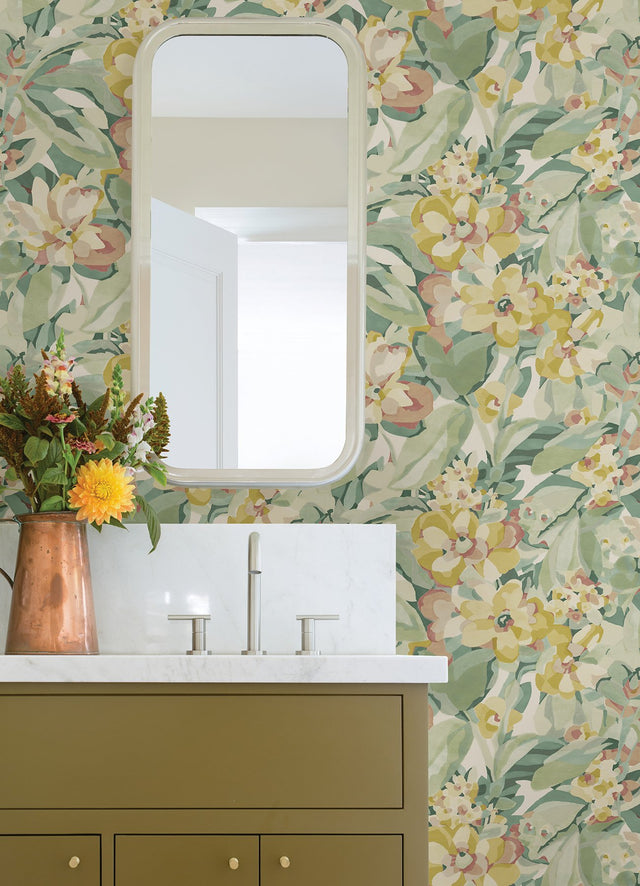 Belles Fleurs Yellow Peel & Stick Wallpaper with Whimsical Floral Pattern - NuWallpaper CBS4510