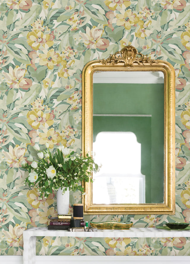 Belles Fleurs Yellow Peel & Stick Wallpaper with Whimsical Floral Pattern - NuWallpaper CBS4510
